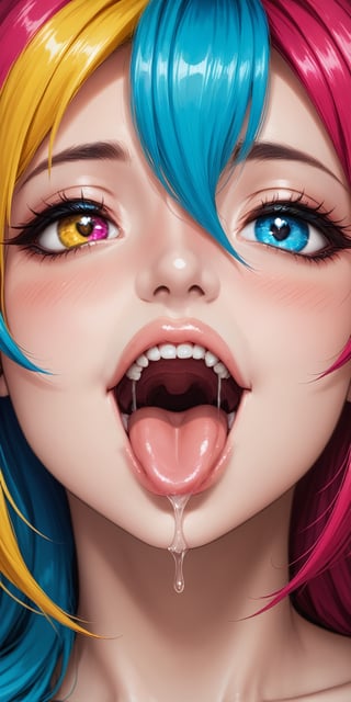 1girl,focus face, beautiful and detailed face, beautiful and detailed eyes,heterochromia_eyes,great teeth,multicolored hair, sexy tongue,mouth open,dripping out of the mouth,blushing face