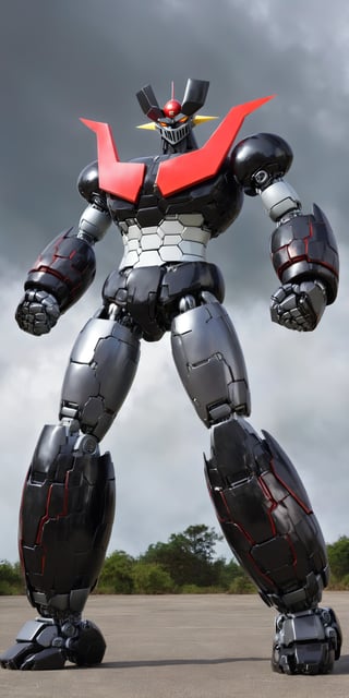 no humans,Manziger Z,black grey and red colors mecha,super robot,robot,looking at viewer,full body,glowin,clenched hands,standing,realistic,wings,outdoors,Mazinger Z