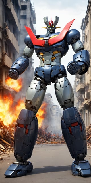 masterpiece,high quality,quality 4k,quality 8k,no humans,Manziger Z,blue grey and red colors mecha,yellow eyes,super robot,robot,looking at viewer,full body,glowin,clenched hands,standing,realistic,wings,scrander,outdoors,hands half chest in attack position: 12,background: massive destruction in the city and with flames in several buildings: 1:3,Mazinger Z