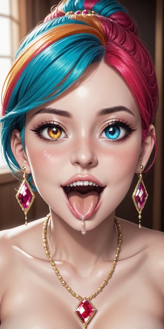 1girl,full_body_portrait,beautiful and detailed face, beautiful and detailed eyes,heterochromia_eyes,great teeth,multicolored hair, sexy tongue,mouth open,dripping out of the mouth,blushing face,big earrings,big gem necklace,nose,nose piercing,