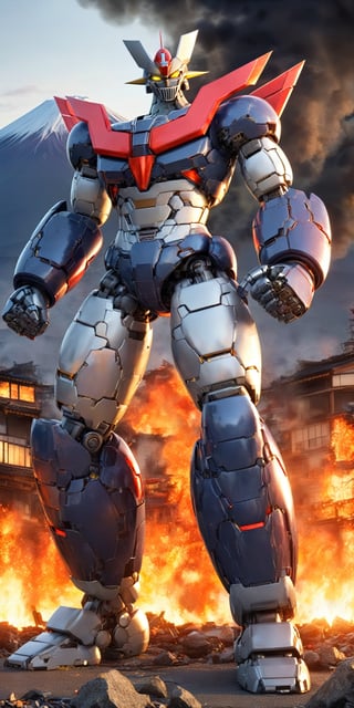masterpiece,high quality,quality 4k,quality 8k,great and high detailed head and face,no humans,Manziger Z,blue grey and red colors mecha,yellow eyes,super robot,robot,looking at viewer,full body,glowin,clenched hands,standing,realistic,wings,outdoors,kneeling on one leg and supporting himself with one hand due to exhaustion from the fight,(background:mount fuji:1.2),background: massive destruction in the city and with flames in several buildings: 1:3,MAZINGER Z