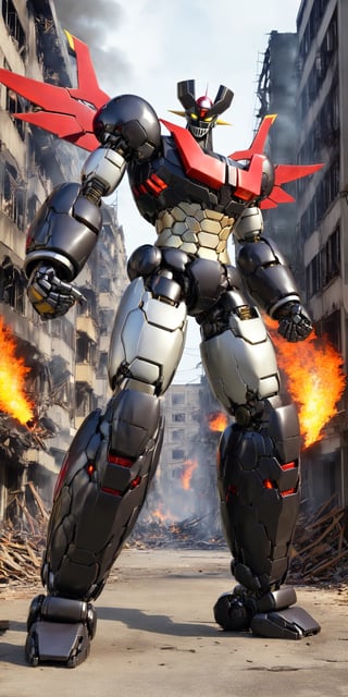 high quality,quality 4k,quality 8k,no humans,Manziger Z,black grey and red colors mecha,yellow eyes,super robot,robot,looking at viewer,full body,glowin,clenched hands,standing,realistic,wings,wings scrander,outdoors,background: massive destruction in the city and with flames in several buildings: 1:3,Mazinger Z