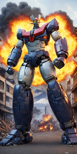 masterpiece,high quality,quality 4k,quality 8k,no humans,Manziger Z,blue grey and red colors mecha,yellow eyes,super robot,robot,looking at viewer,full body,glowin,clenched hands,standing,realistic,wings,scrander,outdoors,hands half chest in attack position: 12,(background:mount fuji:1.2),background: massive destruction in the city and with flames in several buildings: 1:3,Mazinger Z