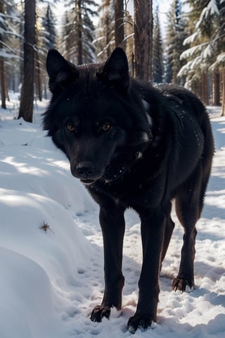 The Moment wild big and tall black wolf Lock Eyes With a Photographer, nature photo, full body animal, first person view, portrait, 4k, high_resolution, high detail, realistic, realism,ink scenery, Canon EOS R50, KnollingCaseQuiron style, photorealism