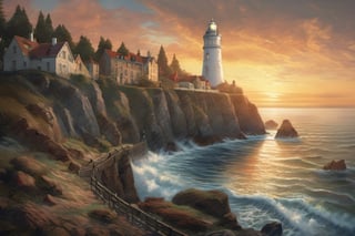  Magic realism , detailed,  punk  fairytale,   ambience , A mysterious white  lighthouse stands tall , stone ,cliff, sunset , impressionism style, by Camille Pissarro,  highly detailed ,digital illustration  ,rich colors ,  highly detailed, perfect composition, beautiful detailed ,luminism ,translucent ,intricate detailed ,octane render , artistic photography,  concept art, cinematic perfect light ,complex composition, otherworldly