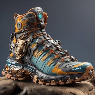 futuristic crypto shoes , Hiking shoes, Salomon brand, high_resolution, high detail, realistic, realism,cyborg style,Colourful cat ,steampunk style