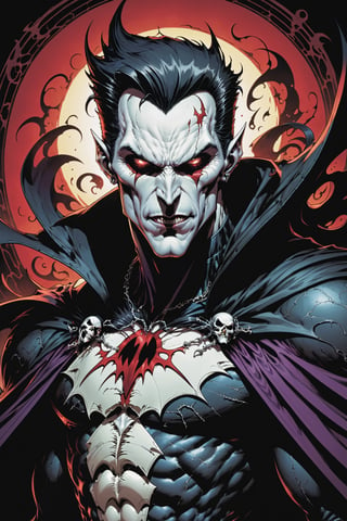 midshot, cel-shading style, centered image, ultra detailed illustration of the comic character ((male Spawn Dracula, by Todd McFarlane)), posing,  he has black  hair, black suit with a skull emblem, long flowing cape, ((Half Body)), (tetradic colors), inkpunk, ink lines, strong outlines, art by MSchiffer, bold traces, unframed, high contrast, cel-shaded, vector, 4k resolution, best quality, (chromatic aberration:1.8)