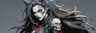 midshot, cel-shading style, centered image, ultra detailed illustration of the comic character ((female Spawn Wolf lady, by Todd McFarlane)), posing, long black long hair, Gray rust, and black suit with a skull emblem, ((view from Behind she’s looking over her shoulder)),  ((she has a wolf snout)), ((Full Body)), ((view from behind)), ((perfect hands)), (tetradic colors), inkpunk, ink lines, strong outlines, art by MSchiffer, bold traces, unframed, high contrast, cel-shaded, vector, 4k resolution, best quality, (chromatic aberration:1.8)