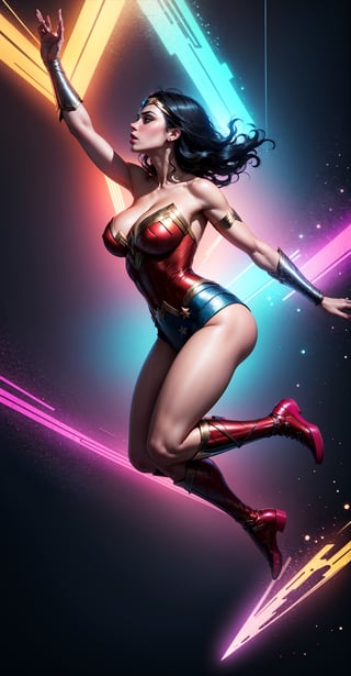 Wonder Woman (big tits),(( side view,)),((full body)),((floating in air)),masterpiece, best quality, ((abstract, psychedelic, neon, background)),(creative:1.3), sy3, SMM, fantasy00d