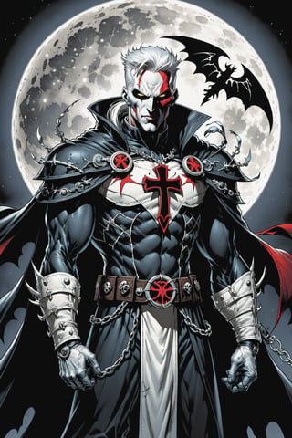 midshot, cel-shading style, centered image, ultra detailed illustration of the comic character ((male Spawn Warrior Catholic priest, by Todd McFarlane)), posing, white  hair,  ((cross around his neck)), charcoal and black white suit with cross emblem, gun belts draped over his shoulders, ((Full Body)), ((perfect hands)), the moon in the background, (tetradic colors), inkpunk, ink lines, strong outlines, art by MSchiffer, bold traces, unframed, high contrast, cel-shaded, vector, 4k resolution, best quality, (chromatic aberration:1.8)