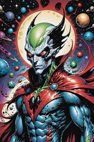 midshot, cel-shading style, centered image, ultra detailed illustration of the comic character ((male Spawn Space Alien, by Todd McFarlane)), posing, ((Half Body)), planets in the background, (tetradic colors), inkpunk, ink lines, strong outlines, art by MSchiffer, bold traces, unframed, high contrast, cel-shaded, vector, 4k resolution, best quality, (chromatic aberration:1.8)