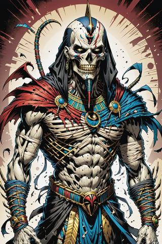 midshot, cel-shading style, centered image, ultra detailed illustration of the comic character ((male Spawn Egyptian mummy, by Todd McFarlane)), posing, wrapped in tattered bandages all over the body, ((Half Body)), (tetradic colors), inkpunk, ink lines, strong outlines, art by MSchiffer, bold traces, unframed, high contrast, cel-shaded, vector, 4k resolution, best quality, (chromatic aberration:1.8)