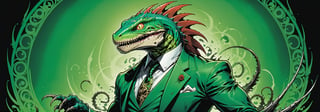 midshot, cel-shading style, centered image, ultra detailed illustration of the comic character ((lizard Spawn by Todd McFarlane)), posing, green, light green, brown, and black suit with a skull emblem, ((Full Body)) ,ornate background, (tetradic colors), inkpunk, ink lines, strong outlines, art by MSchiffer, bold traces, unframed, high contrast, cel-shaded, vector, 4k resolution, best quality, (chromatic aberration:1.8)