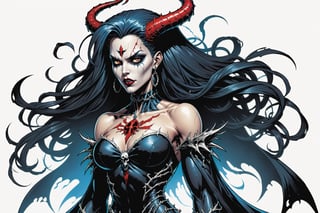 midshot, cel-shading style, centered image, ultra detailed illustration of the comic character ((female Spawn Queen of the Damned by Todd McFarlane)), posing, Black, dress with a skull emblem, ((View from Behind she's looking over her shoulder)), ((Full Body)), ((View from behind)), (tetradic colors), inkpunk, ink lines, strong outlines, art by MSchiffer, bold traces, unframed, high contrast, cel-shaded, vector, 4k resolution, best quality, (chromatic aberration:1.8)