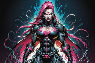 midshot, cel-shading style, centered image, ultra detailed illustration of the comic character ((female Spawn warrior woman, by Todd McFarlane)), posing, extremely muscular overly muscular large breast extremely extremely muscular, black, neon pink, suit with a belt with a skull on it, long pale pink hair in a tall, single ponytail, ((view from Behind she’s looking over her shoulder)),  ((Full Body)), ((view from behind)), ((holding chains in her hand)), splatters of paint in the background glowing neon, perfect hands, (tetradic colors), inkpunk, ink lines, strong outlines, art by MSchiffer, bold traces, unframed, high contrast, cel-shaded, vector, 4k resolution, best quality, (chromatic aberration:1.8)