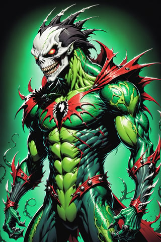 midshot, cel-shading style, centered image, ultra detailed illustration of the comic character ((Spawn lizard, by Todd McFarlane)), posing, green, light green, brown, and black body suit with a skull emblem, ((Full Body)) ,ornate background, (tetradic colors), inkpunk, ink lines, strong outlines, art by MSchiffer, bold traces, unframed, high contrast, cel-shaded, vector, 4k resolution, best quality, (chromatic aberration:1.8)