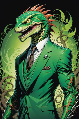 midshot, cel-shading style, centered image, ultra detailed illustration of the comic character ((lizard Spawn by Todd McFarlane)), posing, green, light green, brown, and black suit with a skull emblem, ((Full Body)) ,ornate background, (tetradic colors), inkpunk, ink lines, strong outlines, art by MSchiffer, bold traces, unframed, high contrast, cel-shaded, vector, 4k resolution, best quality, (chromatic aberration:1.8)