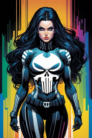 midshot, cel-shading style, centered image, ultra detailed illustration of the comic character, a female Punisher, posing, long Maine of black hair, ((Full Body)), (tetradic colors), inkpunk, ink lines, strong outlines, art by MSchiffer, bold traces, unframed, high contrast, cel-shaded, vector, 4k resolution, best quality, (chromatic aberration:1.8)