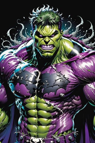 midshot, cel-shading style, centered image, ultra detailed illustration of the comic character ((Spawn Hulk, by Todd McFarlane)),posing, suit with a skull emblem, wearing a purple Cape,  ((Full Body)), (tetradic colors), inkpunk, ink lines, strong outlines, art by MSchiffer, bold traces, unframed, high contrast, cel-shaded, vector, 4k resolution, best quality, (chromatic aberration:1.8)