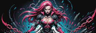 midshot, cel-shading style, centered image, ultra detailed illustration of the comic character ((female Spawn warrior woman, by Todd McFarlane)), posing, extremely muscular overly muscular large breast extremely extremely muscular, black, neon pink, suit with a belt with a skull on it, long pale pink hair in a tall, single ponytail, ((crouching down on the ground action pose)),  ((Full Body)),((holding chains in her hand)), splatters of paint in the background glowing neon, perfect hands, (tetradic colors), inkpunk, ink lines, strong outlines, art by MSchiffer, bold traces, unframed, high contrast, cel-shaded, vector, 4k resolution, best quality, (chromatic aberration:1.8)