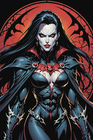 midshot, cel-shading style, centered image, ultra detailed illustration of the comic character ((female Spawn Dracula, by Todd McFarlane)), posing, she has long black hair, black suit with a skull emblem, long flowing cape, ((Half Body)), (tetradic colors), inkpunk, ink lines, strong outlines, art by MSchiffer, bold traces, unframed, high contrast, cel-shaded, vector, 4k resolution, best quality, (chromatic aberration:1.8)