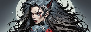 midshot, cel-shading style, centered image, ultra detailed illustration of the comic character ((female Spawn Wolf lady, by Todd McFarlane)), posing, long black long hair, Gray rust, and black suit with a skull emblem, ((view from Behind she’s looking over her shoulder)),  ((she has a wolf snout)), ((Full Body)), ((view from behind)), ((perfect hands)), (tetradic colors), inkpunk, ink lines, strong outlines, art by MSchiffer, bold traces, unframed, high contrast, cel-shaded, vector, 4k resolution, best quality, (chromatic aberration:1.8)