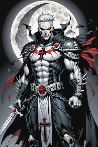 midshot, cel-shading style, centered image, ultra detailed illustration of the comic character ((male Spawn Warrior Catholic priest, by Todd McFarlane)), posing, white  hair,  ((cross around his neck)), charcoal and black white suit with cross emblem, gun belts draped over his shoulders, ((wielding chains with razor, sharp crucifixes at the ends)), ((Full Body)), ((perfect hands)), the moon in the background, (tetradic colors), inkpunk, ink lines, strong outlines, art by MSchiffer, bold traces, unframed, high contrast, cel-shaded, vector, 4k resolution, best quality, (chromatic aberration:1.8)