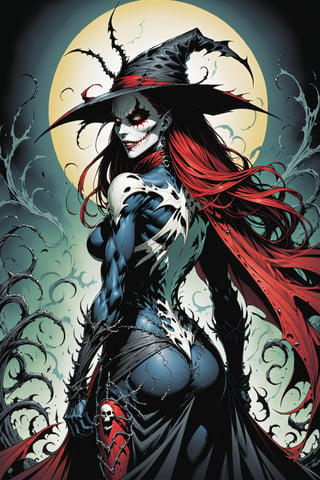 midshot, cel-shading style, centered image, ultra detailed illustration of the comic character ((female Spawn Which by Todd McFarlane)), posing, Black, dress with a skull emblem, ((wearing a large rimmed Single pointed hat)), ((View from Behind she's looking over her shoulder)), ((Full Body)), ((View from behind)), (tetradic colors), inkpunk, ink lines, strong outlines, art by MSchiffer, bold traces, unframed, high contrast, cel-shaded, vector, 4k resolution, best quality, (chromatic aberration:1.8)