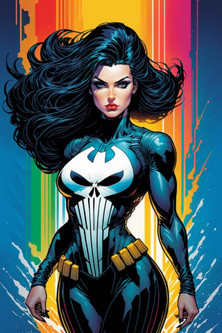 midshot, cel-shading style, centered image, ultra detailed illustration of the comic character, a female Punisher, posing, flowing Maine of black hair, ((Full Body)), (tetradic colors), inkpunk, ink lines, strong outlines, art by MSchiffer, bold traces, unframed, high contrast, cel-shaded, vector, 4k resolution, best quality, (chromatic aberration:1.8)