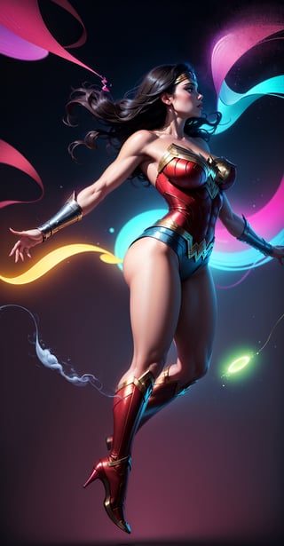 Wonder Woman (big tits),(( side view,)),((full body)),((floating in air)),masterpiece, best quality, ((abstract, psychedelic, neon, smoke, background)),(creative:1.3), sy3, SMM, fantasy00d