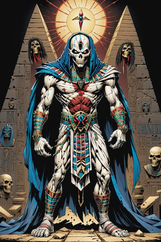 midshot, cel-shading style, centered image, ultra detailed illustration of the comic character ((male Spawn Egyptian mummy, by Todd McFarlane)), posing, wrapped in tattered bandages all over the body, ((Full Body)), inside pyramid, (tetradic colors), inkpunk, ink lines, strong outlines, art by MSchiffer, bold traces, unframed, high contrast, cel-shaded, vector, 4k resolution, best quality, (chromatic aberration:1.8)