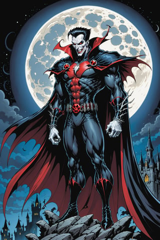 midshot, cel-shading style, centered image, ultra detailed illustration of the comic character ((male Spawn Dracula, by Todd McFarlane)), posing,  he has black  hair, black suit with a skull emblem, long flowing cape, ((Half Body)), his castle in the background with the moon overhead at night,  (tetradic colors), inkpunk, ink lines, strong outlines, art by MSchiffer, bold traces, unframed, high contrast, cel-shaded, vector, 4k resolution, best quality, (chromatic aberration:1.8)