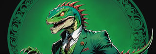 midshot, cel-shading style, centered image, ultra detailed illustration of the comic character ((lizard Spawn by Todd McFarlane)), posing, green, light green, brown, and black suit with a skull emblem, ((Full Body)) ,ornate background, (tetradic colors), inkpunk, ink lines, strong outlines, art by MSchiffer, bold traces, unframed, high contrast, cel-shaded, vector, 4k resolution, best quality, (chromatic aberration:1.8)