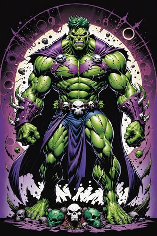 midshot, cel-shading style, centered image, ultra detailed illustration of the comic character ((Spawn Planet Hulk, by Todd McFarlane)),posing, suit with a skull emblem, wearing a purple Cape,  ((Full Body)), (tetradic colors), inkpunk, ink lines, strong outlines, art by MSchiffer, bold traces, unframed, high contrast, cel-shaded, vector, 4k resolution, best quality, (chromatic aberration:1.8)