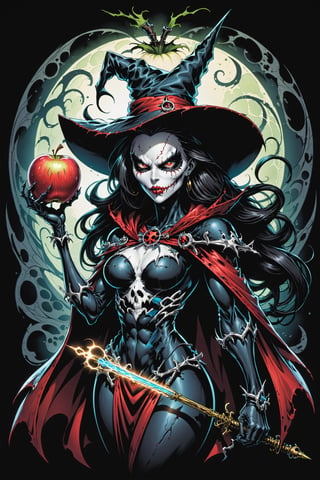 midshot, cel-shading style, centered image, ultra detailed illustration of the comic character ((female Spawn Which by Todd McFarlane)), posing, Black, dress with a skull emblem, ((wearing a large rim pointed hat)), ((holding a Magic wand in one hand and an Single apple in the other)), ((Full Body)), (tetradic colors), inkpunk, ink lines, strong outlines, art by MSchiffer, bold traces, unframed, high contrast, cel-shaded, vector, 4k resolution, best quality, (chromatic aberration:1.8)