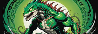 midshot, cel-shading style, centered image, ultra detailed illustration of the comic character ((lizard Spawn by Todd McFarlane)), posing, green, light green, brown, and black body suit with a skull emblem, ((Full Body)) ,ornate background, (tetradic colors), inkpunk, ink lines, strong outlines, art by MSchiffer, bold traces, unframed, high contrast, cel-shaded, vector, 4k resolution, best quality, (chromatic aberration:1.8)