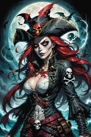 midshot, cel-shading style, centered image, ultra detailed illustration of the comic character ((Female Spawn ,A visually stunning and eerie double exposure artwork, featuring a semi-silhouette of a sinister skull-faced pirate figure. The figure dons a captivating pirate hat adorned with skull and crossbones, with glowing red eyes that exude evil intent. The female pirate's silhouette reveals the intricate detailing of a ghostly pirate ship within, complete with tattered sails fluttering in the wind. The stormy ocean is filled with lightning, and the full moon casts a vibrant glow across the scene, illuminating the ship's rigging and the dark waves. The background is a deep black, allowing the intricate details and vibrant colors to stand out, creating a truly mesmerizing and conceptual dark fantasy masterpiece., portrait photography, photo, illustration, vibrant, conceptual art, dark fantasy by Todd McFarlane)), posing,  ((Full Body)), ((perfect hands)), ((accurate number of fingers)), (tetradic colors), inkpunk, ink lines, strong outlines, art by MSchiffer, bold traces, unframed, high contrast, cel-shaded, vector, 4k resolution, best quality, (chromatic aberration:1.8)