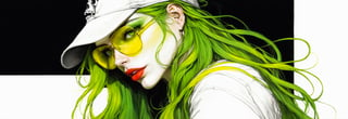 pencil Sketch of a beautiful  athletic woman 30 years old, , green long hair, yellow shades, cap, ((skull on her cap)), wearing jeans, disheveled alluring, portrait by Charles Miano, ink drawing, illustrative art, soft lighting, detailed, more Flowing rhythm, elegant, low contrast, add soft blur with thin line, full red lips, green eyes, black clothes.