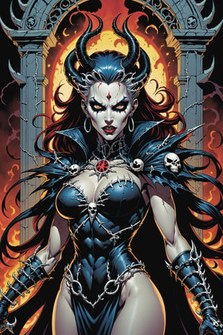 midshot, cel-shading style, centered image, ultra detailed illustration of the comic character ((female Spawn Queen of the Damned by Todd McFarlane)), posing, Black, dress with a skull emblem, ((half Body)), ((the gates of hell in the background)), (tetradic colors), inkpunk, ink lines, strong outlines, art by MSchiffer, bold traces, unframed, high contrast, cel-shaded, vector, 4k resolution, best quality, (chromatic aberration:1.8)