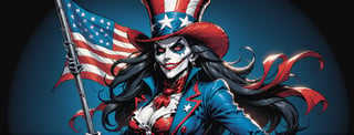 midshot, cel-shading style, centered image, ultra detailed illustration of the comic character ((female Spawn Uncle Sam, by Todd McFarlane)), posing, long black long hair, Red white and blue, suit with a skull emblem, waving the flag, ((Full Body)), (tetradic colors), inkpunk, ink lines, strong outlines, art by MSchiffer, bold traces, unframed, high contrast, cel-shaded, vector, 4k resolution, best quality, (chromatic aberration:1.8)