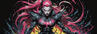 midshot, cel-shading style, centered image, ultra detailed illustration of the comic character ((female Spawn warrior woman, by Todd McFarlane)), posing, extremely muscular overly muscular large breast extremely extremely muscular, black, neon pink, suit with a belt with a skull on it, long pale pink hair in a tall, single ponytail, (((crouching down on the ground action pose))),  ((Full Body)),((holding chains in her hand)), splatters of paint in the background glowing neon, perfect hands, (tetradic colors), inkpunk, ink lines, strong outlines, art by MSchiffer, bold traces, unframed, high contrast, cel-shaded, vector, 4k resolution, best quality, (chromatic aberration:1.8)
