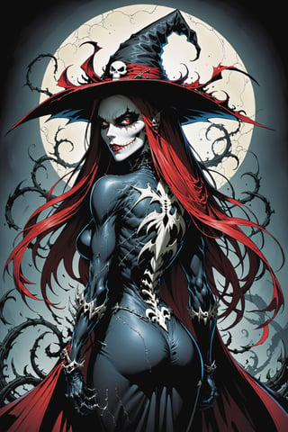 midshot, cel-shading style, centered image, ultra detailed illustration of the comic character ((female Spawn Which by Todd McFarlane)), posing, Black, dress with a skull emblem, ((wearing a large rimmed Single pointed hat)), ((View from Behind she's looking over her shoulder)), ((Full Body)), ((View from behind)), (tetradic colors), inkpunk, ink lines, strong outlines, art by MSchiffer, bold traces, unframed, high contrast, cel-shaded, vector, 4k resolution, best quality, (chromatic aberration:1.8)