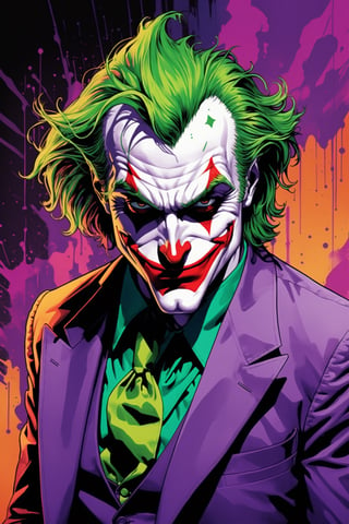 midshot, cel-shading style, centered image, ultra detailed illustration of The Joker, posing, ((Full Body)), (tetradic colors), ((inkpunk)), ((ink lines)), strong outlines, art by MSchiffer, bold traces, unframed, high contrast, cel-shaded, 4k resolution, best quality, (chromatic aberration:1.8)