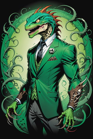 midshot, cel-shading style, centered image, ultra detailed illustration of the comic character ((lizard Spawn by Todd McFarlane)), posing, green, light green, brown, and black suit with a skull emblem, ((Full Body)) ,ornate background, (tetradic colors), inkpunk, ink lines, strong outlines, art by MSchiffer, bold traces, unframed, high contrast, cel-shaded, vector, 4k resolution, best quality, (chromatic aberration:1.8)