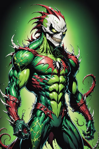 midshot, cel-shading style, centered image, ultra detailed illustration of the comic character ((Spawn lizard, by Todd McFarlane)), posing, green, light green, brown, and black body suit with a skull emblem, ((Full Body)) ,ornate background, (tetradic colors), inkpunk, ink lines, strong outlines, art by MSchiffer, bold traces, unframed, high contrast, cel-shaded, vector, 4k resolution, best quality, (chromatic aberration:1.8)