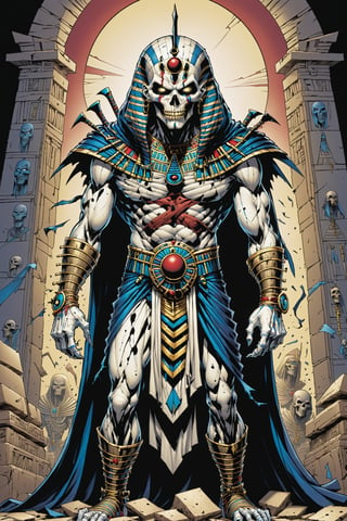 midshot, cel-shading style, centered image, ultra detailed illustration of the comic character ((male Spawn Egyptian mummy, by Todd McFarlane)), posing, wrapped in tattered bandages all over the body, ((Full Body)), inside pyramid, (tetradic colors), inkpunk, ink lines, strong outlines, art by MSchiffer, bold traces, unframed, high contrast, cel-shaded, vector, 4k resolution, best quality, (chromatic aberration:1.8)