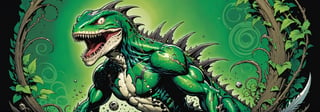 midshot, cel-shading style, centered image, ultra detailed illustration of the comic character ((lizard Spawn by Todd McFarlane)), posing, green, light green, brown, and black body suit with a skull emblem, ((Full Body)) ,ornate background, (tetradic colors), inkpunk, ink lines, strong outlines, art by MSchiffer, bold traces, unframed, high contrast, cel-shaded, vector, 4k resolution, best quality, (chromatic aberration:1.8)