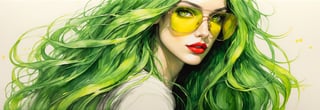 pencil Sketch of a beautiful  athletic woman 30 years old, , green long hair, yellow shades, wearing jeans, disheveled alluring, portrait by Charles Miano, ink drawing, illustrative art, soft lighting, detailed, more Flowing rhythm, elegant, low contrast, add soft blur with thin line, full red lips, green eyes, black clothes.