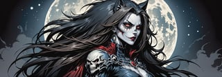 midshot, cel-shading style, centered image, ultra detailed illustration of the comic character ((female Spawn Wolf lady, by Todd McFarlane)), posing, long black long hair, Gray brown, and black suit with a skull emblem, ((view from Behind she’s looking over her shoulder)), ((Full Body)), ((perfect hands)), the moon in the background, (tetradic colors), inkpunk, ink lines, strong outlines, art by MSchiffer, bold traces, unframed, high contrast, cel-shaded, vector, 4k resolution, best quality, (chromatic aberration:1.8)