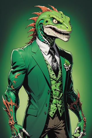 midshot, cel-shading style, centered image, ultra detailed illustration of the comic character ((lizard Spawn by Todd McFarlane)), posing, green, light green, brown, and black suit with a skull emblem, ((Full Body)) ,ornate background, (tetradic colors), inkpunk, ink lines, strong outlines, art by MSchiffer, bold traces, unframed, high contrast, cel-shaded, vector, 4k resolution, best quality, (chromatic aberration:1.8)
